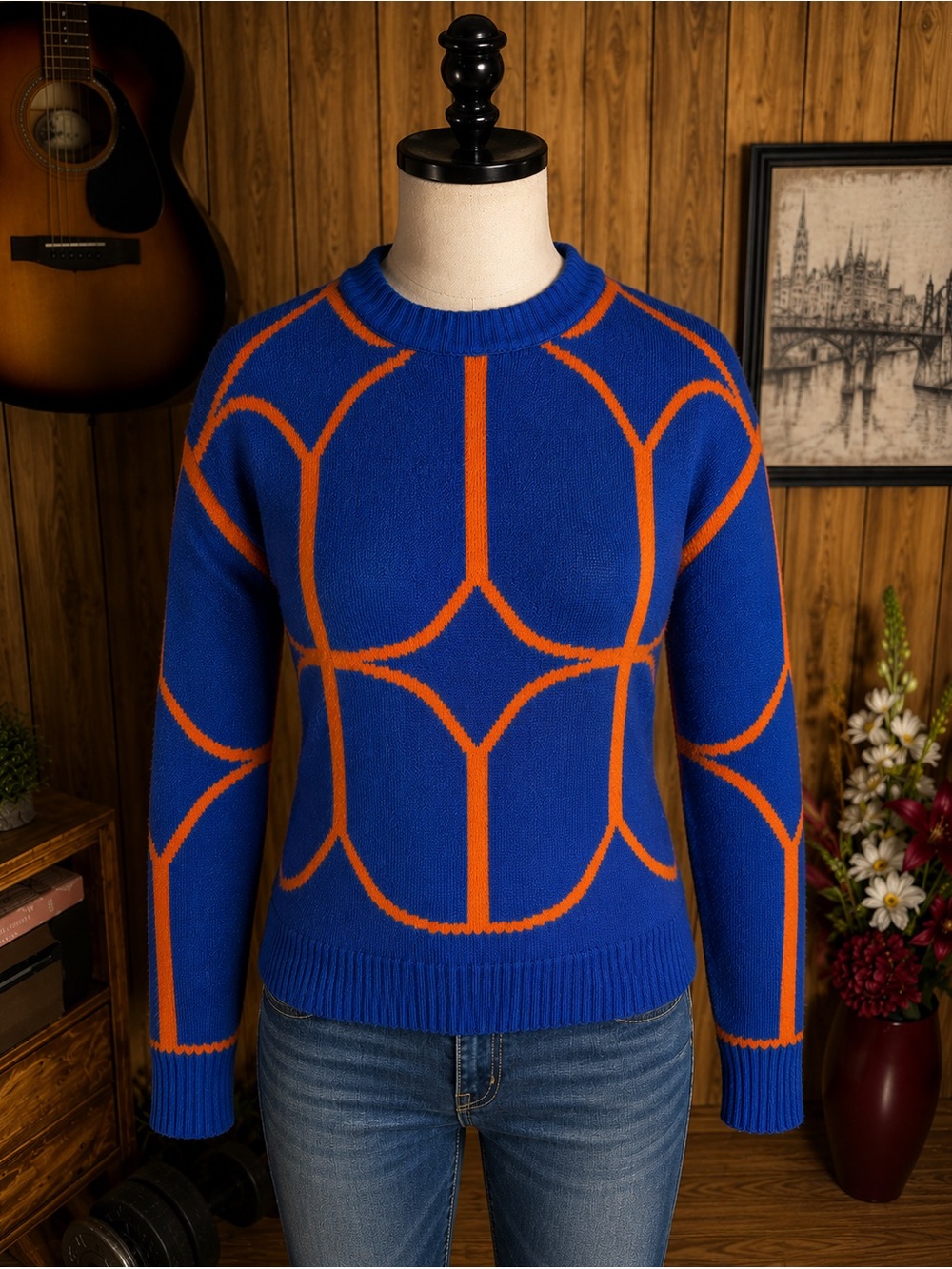 SHEIN Blue Crewneck Sweater with Orange Geometric Trim